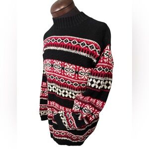 Parisian-Works Men’s L Cotton Blend Fair Isle Nordic Sweater Black Red Cream EUC